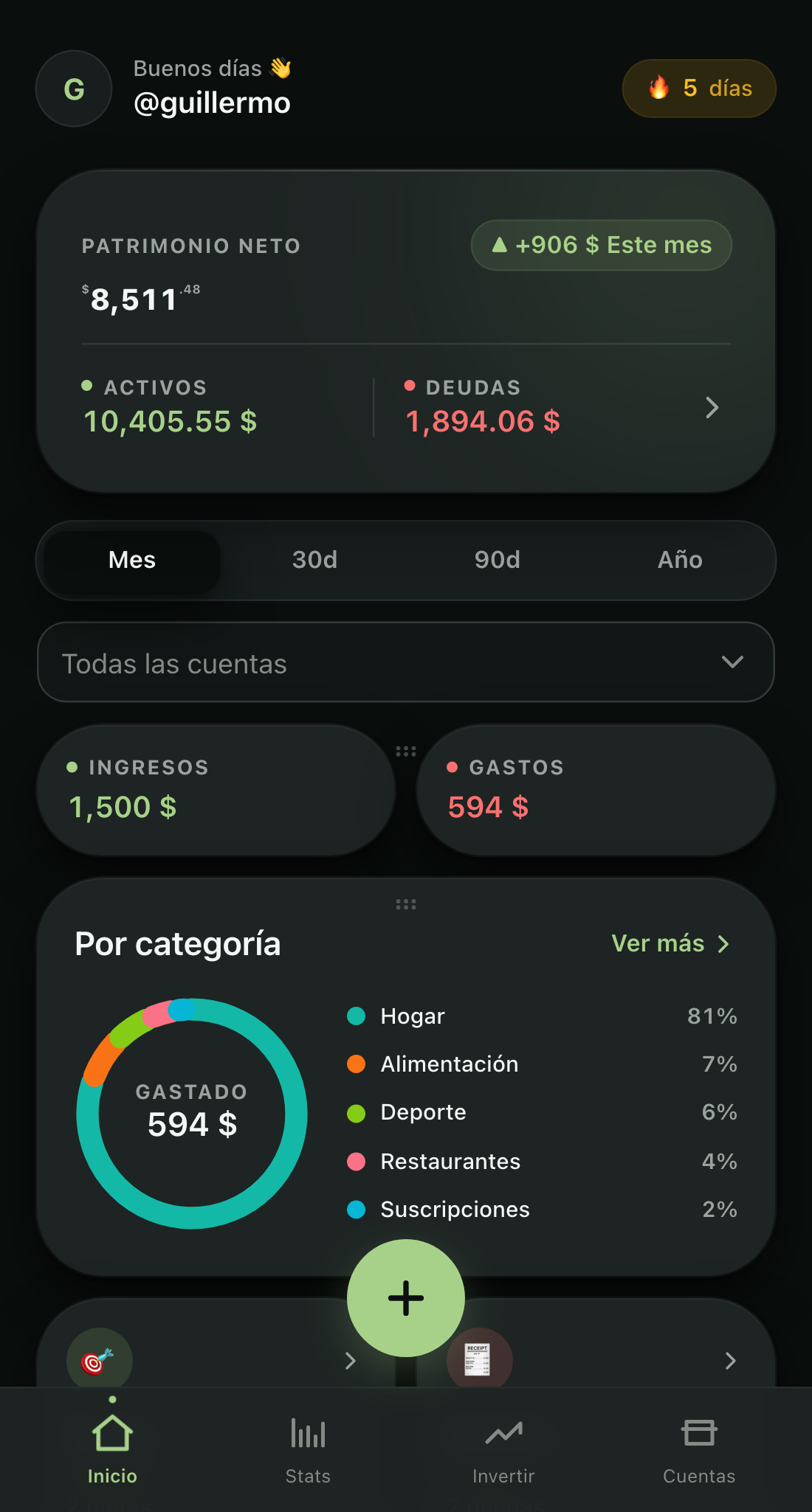 Pantalla de resumen del patrimonio neto en Cobres (tema oscuro)
