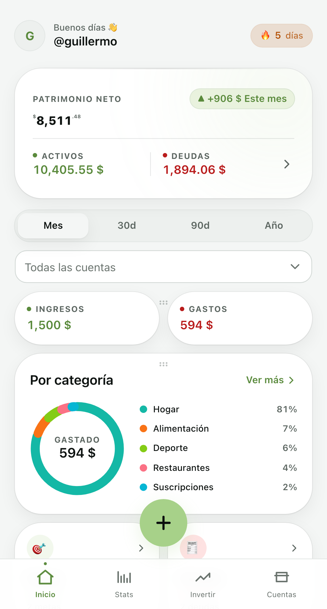 Pantalla de resumen del patrimonio neto en Cobres (tema claro)