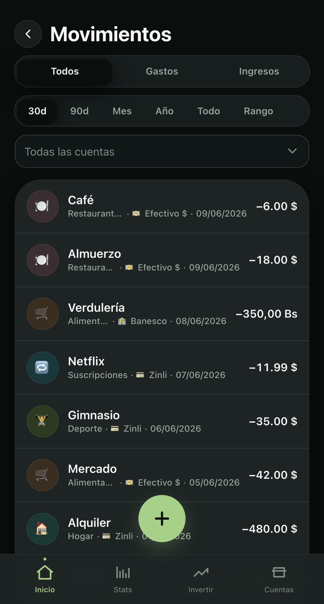Lista de movimientos y transacciones en Cobres (tema oscuro)