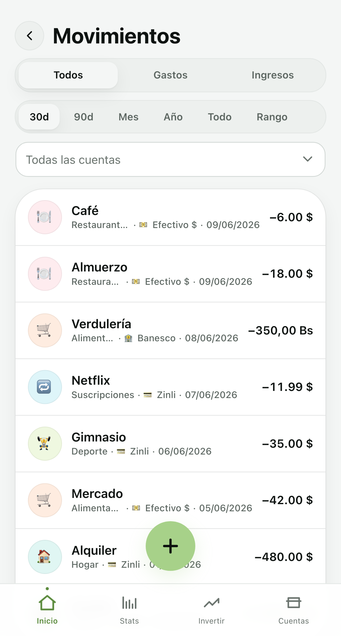 Lista de movimientos y transacciones en Cobres (tema claro)